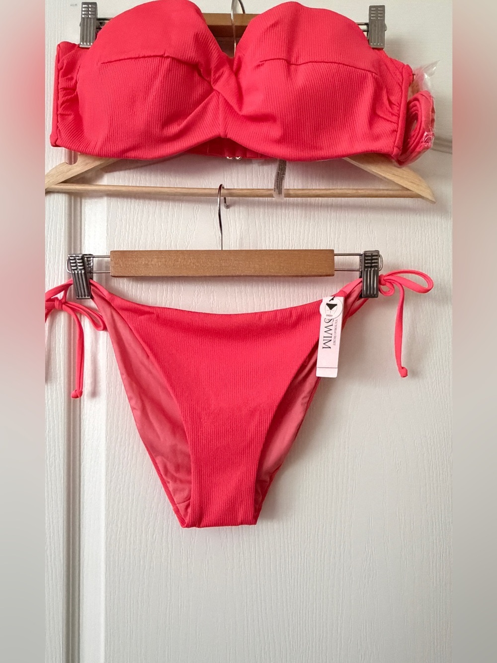Victoria's Secret Coral Ribbed Tie-Side Bikini Large Bottom and 38C Bandeau Top